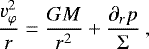 \begin{equation*}\frac{v_{\varphi}^2}{r} = \frac{GM}{r^2} + \frac{\partial_r p}{\Sigma}\:, \end{equation*}
