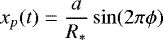 \begin{equation*} x_p(t) = \frac{a}{R_*} \sin (2 \pi \phi) \, \end{equation*}