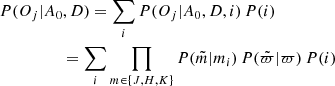 $$ \begin{aligned}&P(O_j|A_0,D) = \sum _i P(O_j|A_0,D,i)\,P(i) \nonumber \\&\qquad \qquad \ \ \,= \sum _i \prod _{m\in \{J,H,K\}} P(\tilde{m}|m_i)\,P(\tilde{\varpi }|\varpi )\,P(i) \end{aligned} $$