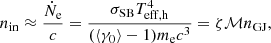$$ \begin{aligned} n_{\mathrm{in} } \approx \frac{\dot{N}_{\mathrm{e} }}{c} = \frac{ \sigma _{\mathrm{SB} }T_{\mathrm{eff,h} }^{4}}{(\langle \gamma _{0} \rangle -1)m_{\mathrm{e} }c^{3}} =\zeta \mathcal{M} n_{\mathrm{GJ} }, \end{aligned} $$