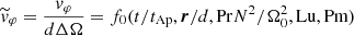 $ \widetilde{v}_\varphi = \frac{v_\varphi}{d \Delta \Omega} = f_0(t/t_{\mathrm{Ap}}, \boldsymbol{r}/d, \mathrm{Pr} N^2/\Omega_0^2,\mathrm{Lu}, \mathrm{Pm}) $