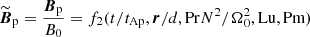 $ \widetilde{\boldsymbol{B}}_{\mathrm{p}} =\frac{\boldsymbol{B}_{\mathrm{p}}}{B_0} = f_2(t/t_{\mathrm{Ap}}, \boldsymbol{r}/d, \mathrm{Pr} N^2/\Omega_0^2,\mathrm{Lu}, \mathrm{Pm}) $