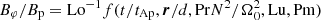 $ B_{\varphi}/B_{\mathrm{p}} = \mathrm{Lo}^{-1} f(t/t_{\mathrm{Ap}}, \boldsymbol{r}/d, \mathrm{Pr} N^2/\Omega_0^2,\mathrm{Lu}, \mathrm{Pm}) $