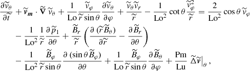 $$ \begin{aligned} \frac{\partial \widetilde{v}_\theta }{\partial \widetilde{t}}&+\widetilde{\boldsymbol{v}}_{\boldsymbol{m}}\cdot \widetilde{\boldsymbol{\nabla }}~\widetilde{v}_\theta + \frac{1}{\mathrm{Lo}}\frac{\widetilde{v}_\varphi }{\widetilde{r}\sin \theta }\frac{\partial \widetilde{v}_\theta }{\partial \varphi }+\frac{\widetilde{v}_\theta \widetilde{v}_r}{\widetilde{r}} -\frac{1}{\mathrm{Lo}^2}\cot \theta \frac{\widetilde{v}^2_\varphi }{\widetilde{r}}=\frac{2}{\mathrm{Lo}^2}\cos \theta \,\widetilde{v}_\varphi \nonumber \\&-\frac{1}{\mathrm{Lo}^2}\frac{1}{\widetilde{r}}\frac{\partial \widetilde{p}_1}{\partial \theta }+\frac{\widetilde{B}_r}{\widetilde{r}}\left(\frac{\partial \,(\widetilde{r}\widetilde{B}_\theta )}{\partial \widetilde{r}}-\frac{\partial \widetilde{B}_r}{\partial \theta }\right)\\&-\frac{1}{\mathrm{Lo}^2}\frac{\widetilde{B}_\varphi }{\widetilde{r}\sin \theta }\frac{\partial \,(\sin \theta \widetilde{B}_\varphi )}{\partial \theta }+\frac{1}{\mathrm{Lo}}\frac{\widetilde{B}_\varphi }{\widetilde{r}\sin \theta }\frac{\partial \widetilde{B}_\theta }{\partial \varphi }+\frac{\mathrm{Pm}}{\mathrm{Lu}}\left.\widetilde{\Delta }\widetilde{\boldsymbol{v}}\right|_\theta , \nonumber \end{aligned} $$