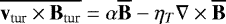 $\overline{\textbf{v}_{\textrm{tur}}\times \textbf{B}_{\textrm{tur}}}\;{=}\;\alpha\overline{\textbf{B}}-\eta_T\nabla\times\overline{\textbf{B}}$