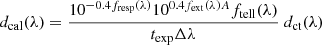 $$ \begin{aligned} d_{\rm cal}(\lambda ) = \dfrac{10^{-0.4 f_{\rm resp}(\lambda )} 10^{0.4 f_{\rm ext}(\lambda ) A} f_{\rm tell}(\lambda )}{t_{\rm exp} \Delta \lambda } \ d_{\rm ct}(\lambda ) \end{aligned} $$