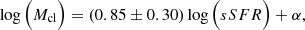 $$ \begin{aligned} \log \Big (M_{\rm cl}\Big ) = (0.85 \pm 0.30)\log \Big (sSFR\Big ) + \alpha , \end{aligned} $$