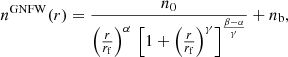 $$ \begin{aligned} n^{\mathrm{GNFW} }(r) = \frac{n_0}{\left( \frac{r}{r_\mathrm{f} } \right)^\alpha \, \left[ 1+ \left( \frac{r}{r_\mathrm{f} } \right)^\gamma \right]^{\frac{\beta - \alpha }{\gamma }} } + n_\mathrm{b} , \end{aligned} $$