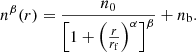 $$ \begin{aligned} n^\mathrm{\beta }(r) = \frac{n_0}{\left[ 1+ \left( \frac{r}{r_\mathrm{f} } \right)^\alpha \right]^\beta } + n_\mathrm{b} . \end{aligned} $$