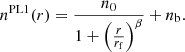$$ \begin{aligned} n^{\mathrm{PL1} }(r) = \frac{n_0}{ 1+ \left( \frac{r}{r_\mathrm{f} } \right)^\beta } + n_\mathrm{b} . \end{aligned} $$