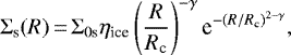 \begin{equation*} \Sigma_{\textrm{s}}(R)\,{=}\,\Sigma_{0\textrm{s}}\eta_{\textrm{ice}}\left(\frac{R}{R_{\textrm{c}}}\right)^{-\gamma}\textrm{e}^{{-(R/R_{\textrm{c}})}^{2-\gamma}},\end{equation*}