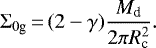 \begin{equation*} \Sigma_{0\textrm{g}}\,{=}\,(2 - \gamma) \frac{M_{\textrm{d}}}{2\pi R_{\textrm{c}}^{2}}. \end{equation*}