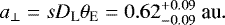 \begin{equation*} a_{\perp} = sD_{\textrm{L}}{\theta_{\textrm{E}}} = 0.62^{+0.09}_{-0.09}~\textrm{au}.\end{equation*}