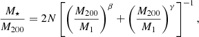 $$ \begin{aligned} \frac{M_\star }{M_{200}} = 2N \left[ \left(\frac{M_{200}}{M_1}\right)^\beta + \left(\frac{M_{200}}{M_1}\right)^\gamma \right]^{-1}, \end{aligned} $$