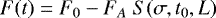 \begin{equation*}F(t) = F_0-F_A\ S(\sigma, t_0, L) \end{equation*}