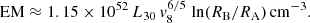 $$ \begin{aligned} \mathrm{EM}\approx 1.15\times 10^{52}\,L_{30}\,v_8^{6/5\,} \ln (R_{\rm B}/R_{\rm A})\,\mathrm{cm}^{-3}. \end{aligned} $$