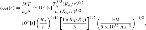 $$ \begin{aligned} t_{\rm cool}(r)&=\frac{3kT}{n_{\rm e}\Lambda }\simeq 10^3\, [\mathrm{s} ]\frac{T_{\rm A}^{8/5}(R_{\rm A}/r)^{8/5}}{n_{\rm a}(R_{\rm A}/r)^{3/2}} \nonumber \\&=10^3\,[\mathrm{s} ]\left(\frac{R_{\rm A}}{r}\right)^{1/10} \left[\frac{\ln (R_{\rm B}/R_{\rm A})}{3}\right]^{1/2} \left(\frac{\mathrm{EM} }{5\times 10^{52}\,\mathrm{cm} ^{-3}}\right)^{-1/2} , \end{aligned} $$