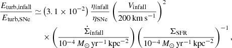 $$ \begin{aligned} \frac{E_{\rm turb,infall}}{E_{\rm turb,SNe}} \simeq &\left( 3.1 \times 10^{-2} \right) \frac{\eta _{\rm infall}}{\eta _{\rm SNe}} \left( \frac{V_{\rm infall}}{200\,\mathrm{km\,s}^{-1}} \right)^2 \nonumber \\& \times \left( \frac{\dot{\Sigma }_{\rm infall}}{10^{-4}\,{M}_\odot \,\mathrm{yr}^{-1}\,\mathrm{kpc}^{-2}} \right) \left( \frac{\Sigma _{\rm SFR}}{10^{-4}\,{M}_\odot \,\mathrm{yr}^{-1}\,\mathrm{kpc}^{-2}} \right)^{-1}, \end{aligned} $$