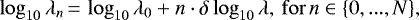 \begin{equation*} \log_{10}{\lambda}_n\,{=}\,\log_{10}{\lambda}_0 &#x002B; n \cdot \delta \log_{10}{\lambda},\,\mathrm{for}\,n\in\{0,...,N\}, \end{equation*}