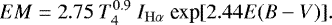 \begin{equation*} \centering {EM} = 2.75~T_{4}^{0.9}~I_{\mathrm{H\alpha}}~\textrm{exp}[2.44E(B-V)].\end{equation*}