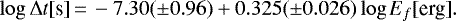\begin{equation*} \log \Delta t \textrm{[s]}\,{=}\, -7.30(\pm0.96) + 0.325(\pm0.026)\log E_f \textrm{[erg]}. \end{equation*}