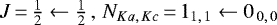 $J\,{=}\,\tfrac{1}{2} \leftarrow \tfrac{1}{2}\,,\,N_{Ka,\,Kc}\,{=}\,1_{1,\,1} \leftarrow 0_{\,0,\,0}$