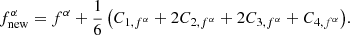 $$ \begin{aligned} f^{\alpha }_{\rm new} = f^{\alpha } + \frac{1}{6} \left( C_{1,f^{\alpha }} + 2 C_{2,f^{\alpha }} + 2 C_{3,f^{\alpha }} + C_{4,f^{\alpha }}\right)\!. \end{aligned} $$