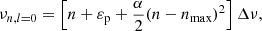 $$ \begin{aligned} \nu _{n,l=0} = \left[ n+\varepsilon _{\rm p}+\frac{\alpha }{2}(n-n_{\max })^2 \right] \Delta \nu , \end{aligned} $$