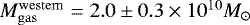 $M^{\rm{western}}_{\rm{gas}} = 2.0 \pm 0.3 \times 10^{10} M_{\odot}$