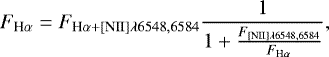 \begin{equation*}F_{\textrm{H}{\alpha}} = F_{\textrm{H}{\alpha} + [\textrm{NII}] \lambda 6548, 6584}\frac{1}{1 + \frac{F_{[\textrm{NII}] \lambda 6548, 6584}}{F_{\textrm{H}{\alpha}}}} ,\end{equation*}
