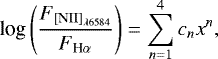 \begin{equation*}\textrm{log}\left( {\frac{{F}_{\textrm{[NII]}_{\lambda6584}}}{{F}_{\textrm{H}{\alpha}}}}\right) = \sum_{n=1}^{4} c_n x^n ,\end{equation*}