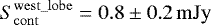 $S^{\rm{west\_lobe}}_{\rm{cont}} = 0.8 \pm 0.2 \, \rm{mJy}$