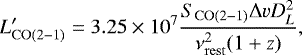 \begin{equation*} L'_{\rm{CO(2-1)}} = 3.25 \times 10^7 \frac{S_{\rm{CO(2-1)}} \Delta v D_{L}^2} {{\nu_{\rm{rest}}^2} (1+z)} ,\end{equation*}