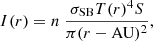$$ \begin{aligned} I(r) = n \ \frac{\sigma _{\rm SB} T(r)^4 S }{ \pi (r-\mathrm{AU})^2}, \end{aligned} $$