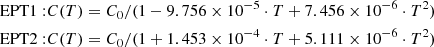 $$ \begin{aligned} \mathrm{EPT1}:&C(T) = C_{0} / (1 - 9.756 \times 10^{-5} \cdot T + 7.456 \times 10^{-6} \cdot T^2)\\ \mathrm{EPT2}:&C(T) = C_{0} / (1 + 1.453 \times 10^{-4} \cdot T + 5.111 \times 10^{-6} \cdot T^2) \end{aligned} $$