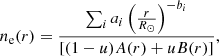 $$ \begin{aligned} n_{\rm e}(r)=\frac{\sum _{i}a_{i}\left(\frac{r}{R_{\odot }}\right)^{-b_{i}}}{[(1-u)A(r)+uB(r)]}, \end{aligned} $$