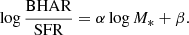 $$ \begin{aligned} \log \frac{\mathrm{BHAR}}{\mathrm{SFR}}=\alpha \log {M}_*+\beta . \end{aligned} $$