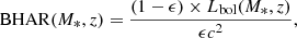 $$ \begin{aligned} \mathrm{BHAR}({M}_*,z)=\frac{(1-\epsilon )\times {L}_{\mathrm{bol}}({M}_*,z)}{\epsilon c^2}, \end{aligned} $$