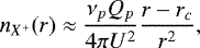 \begin{equation*} n_{X^&#x002B;}(r)\approx\frac{\nu_pQ_p}{4\pi U^2}\frac{r-r_c}{r^2},\end{equation*}