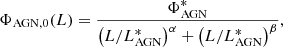 $$ \begin{aligned} \Phi _{\mathrm{AGN},0} ({L}) = \dfrac{\Phi ^{*}_{\mathrm{AGN}}}{\left({L/L}^{*}_{\mathrm{AGN}}\right)^{\alpha } + \left({L/L}^{*}_{\mathrm{AGN}}\right)^{\beta }}, \end{aligned} $$