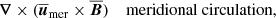 $$ \begin{aligned}&\boldsymbol{\nabla }\times (\boldsymbol{\overline{u}}_{\rm mer}\times \boldsymbol{\overline{B}}) \quad \text{ meridional} \text{ circulation}, \end{aligned} $$