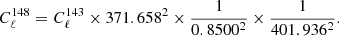 $$ \begin{aligned} C_{\ell }^{148} = C_{\ell }^{143} \times 371.658^2 \times \frac{1}{0.8500^2} \times \frac{1}{401.936^2} . \end{aligned} $$