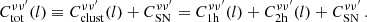 $$ \begin{aligned} C^{\nu \nu ^{\prime }}_{\mathrm{tot} }(l) \equiv C^{\nu \nu ^{\prime }}_{\mathrm{clust} }(l) + C^{\nu \nu ^{\prime }}_{\mathrm{SN} } = C^{\nu \nu ^{\prime }}_{\mathrm{1h} }(l) + C^{\nu \nu ^{\prime }}_{\mathrm{2h} }(l) + C^{\nu \nu ^{\prime }}_{\mathrm{SN} } \,. \end{aligned} $$