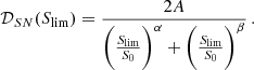 $$ \begin{aligned} \mathcal{D} _{SN}(S_{\rm lim})=\frac{2A}{\bigg (\frac{S_{\rm lim}}{S_0}\bigg )^{\alpha } + \bigg (\frac{S_{\rm lim}}{S_0}\bigg )^{\beta }}\,. \end{aligned} $$