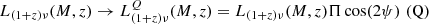 $$ \begin{aligned} L_{(1+z)\nu }(M,z)&\rightarrow L^Q_{(1+z)\nu }(M,z) = L_{(1+z)\nu }(M,z) \Pi \cos (2\psi )\,\, \mathrm{(Q)} \end{aligned} $$