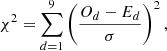 $$ \begin{aligned} \chi ^{2} = \sum _{d=1}^{9}\left(\frac{O_{d}-E_{d}}{\sigma }\right)^{2}, \end{aligned} $$