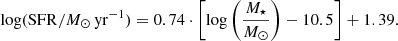 $$ \begin{aligned} \log (\mathrm{SFR}/{M}_{\odot }\, \mathrm{yr}^{-1}) = 0.74 \cdot \left[\log \left(\frac{M_{\star }}{M_{\odot }}\right) -10.5 \right]+1.39. \end{aligned} $$