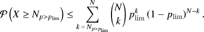 \begin{align*} \mathcal{P}\left(X \geq N_{p>p_{\mathrm{lim}}} \right) \leq \sum_{k\,{=}\,N_{p>p_{\mathrm{lim}}}}^{N} \binom{N}{k}\ p_{\mathrm{lim}}^k \left(1-p_{\mathrm{lim}}\right)^{N-k}.\end{align*}