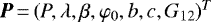 ${\vec P}\,{=}\,(P, \lambda, \beta, \varphi_0, b, c, G_{12})^T$