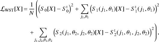 \begin{align*} \mathcal{L}_{\mathrm{WST}}[X]\,{=}\,&\frac{1}{N}\left(\left(S_0[X]-S_0^{\mathrm{t}}\right)^2 &#x002B; \sum_{j_1,\theta_1}\left(S_1(j_1,\theta_1)[X] - S_1^{\mathrm{t}}(j_1,\theta_1)\right)^2 \right. \nonumber\\[3pt] &&#x002B; \!\!\left. \sum_{j_1,j_2,\theta_1,\theta_2}\left(S_2(j_1,\theta_2,j_2,\theta_2)[X] - S_2^{\mathrm{t}}(j_1,\theta_1,j_2,\theta_2)\right)^2\right), \end{align*}